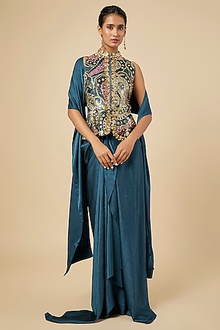 Sapphire Blue Crushed Satin Draped Skirt Set by PAPA DONT PREACH PRET