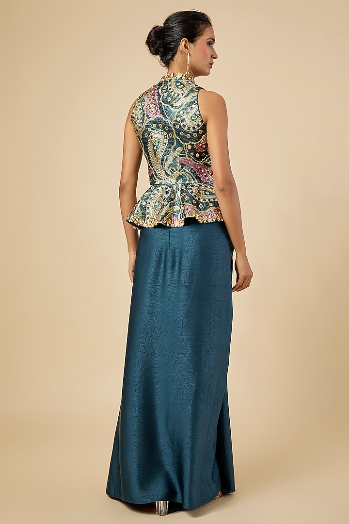 Sapphire Blue Crushed Satin Draped Skirt Set by PAPA DONT PREACH PRET at Pernia's Pop Up Shop