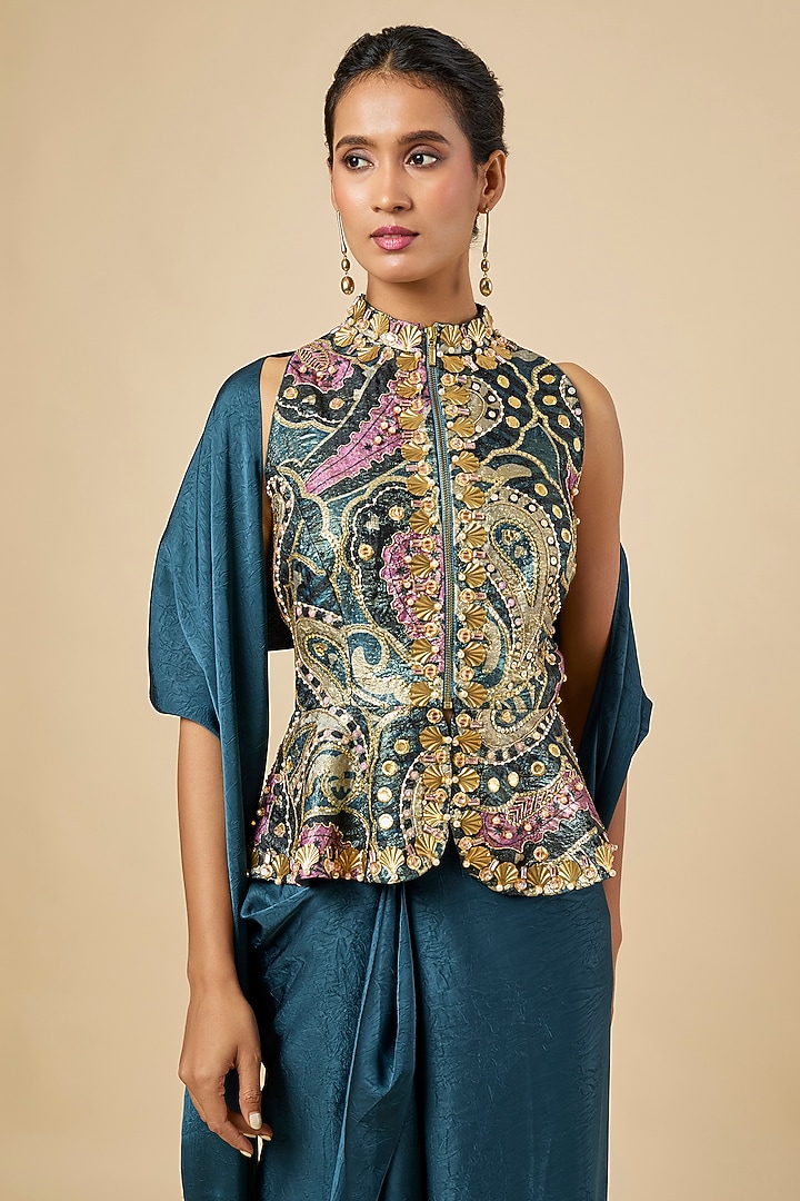 Sapphire Blue Crushed Satin Draped Skirt Set by PAPA DONT PREACH PRET at Pernia's Pop Up Shop