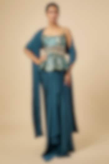 Blue Crushed Satin Draped Skirt Set by PAPA DONT PREACH PRET at Pernia's Pop Up Shop