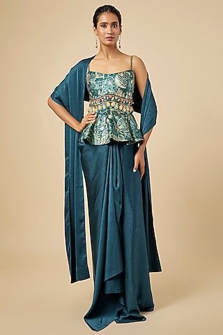 Blue Crushed Satin Draped Skirt Set by PAPA DONT PREACH PRET