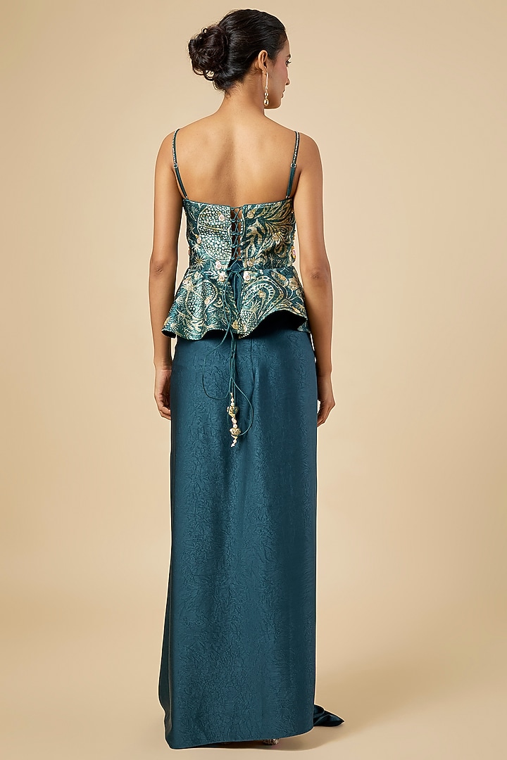 Blue Crushed Satin Draped Skirt Set by PAPA DONT PREACH PRET at Pernia's Pop Up Shop