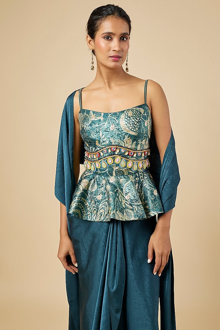 Blue Crushed Satin Draped Skirt Set by PAPA DONT PREACH PRET at Pernia's Pop Up Shop