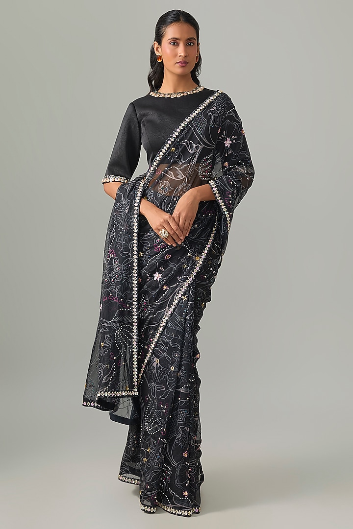 Midnight Black Organza Hand Embellished Sheer Reception Saree Set by PAPA DONT PREACH PRET at Pernia's Pop Up Shop