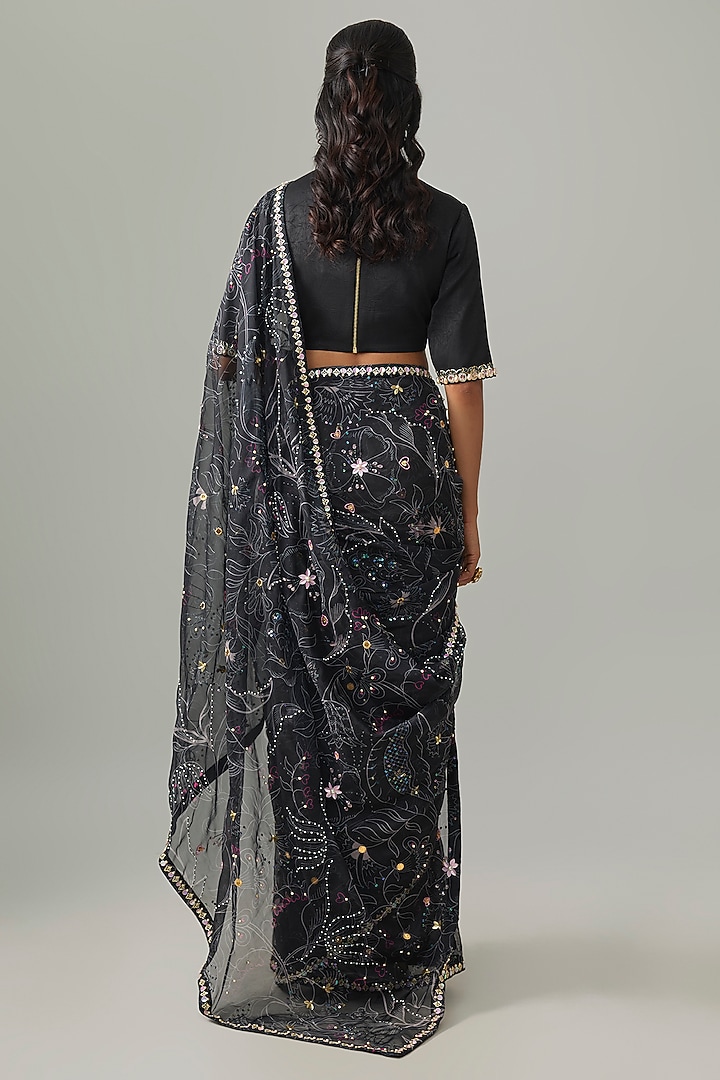 Midnight Black Organza Hand Embellished Sheer Reception Saree Set by PAPA DONT PREACH PRET at Pernia's Pop Up Shop