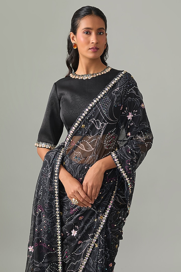 Midnight Black Organza Hand Embellished Sheer Reception Saree Set by PAPA DONT PREACH PRET at Pernia's Pop Up Shop