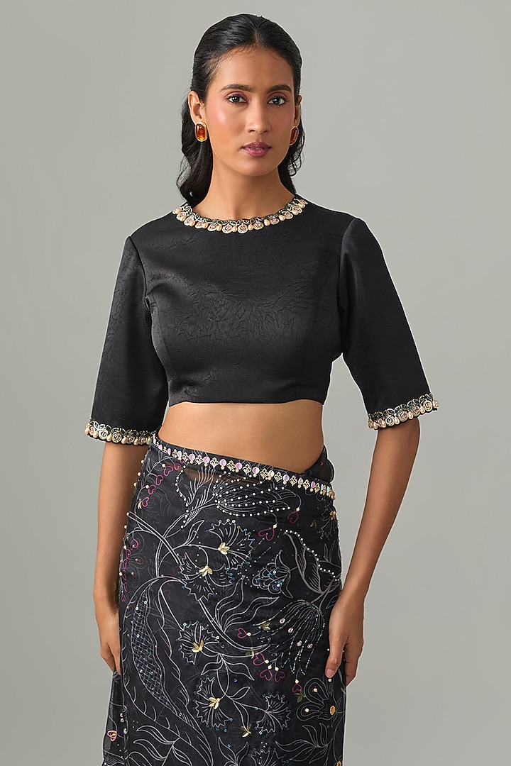 Midnight Black Organza Hand Embellished Sheer Reception Saree Set by PAPA DONT PREACH PRET at Pernia's Pop Up Shop