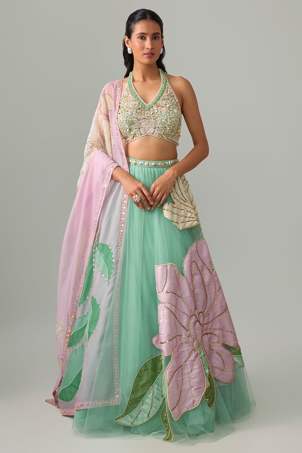 PAPA DONT PREACH PRET Green Tulle & Organza Floral Applique Embellished Lehenga Set
