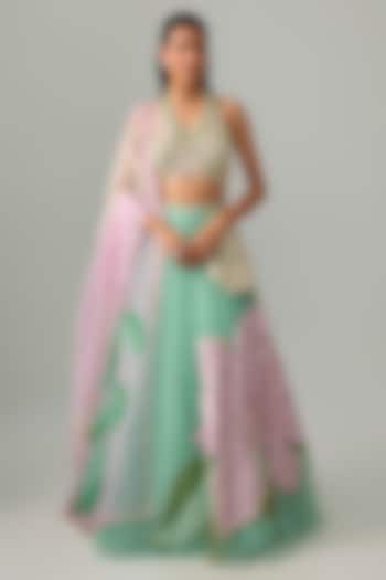 Green Tulle & Organza Floral Applique Embellished Bridal Lehenga Set by PAPA DONT PREACH PRET at Pernia's Pop Up Shop
