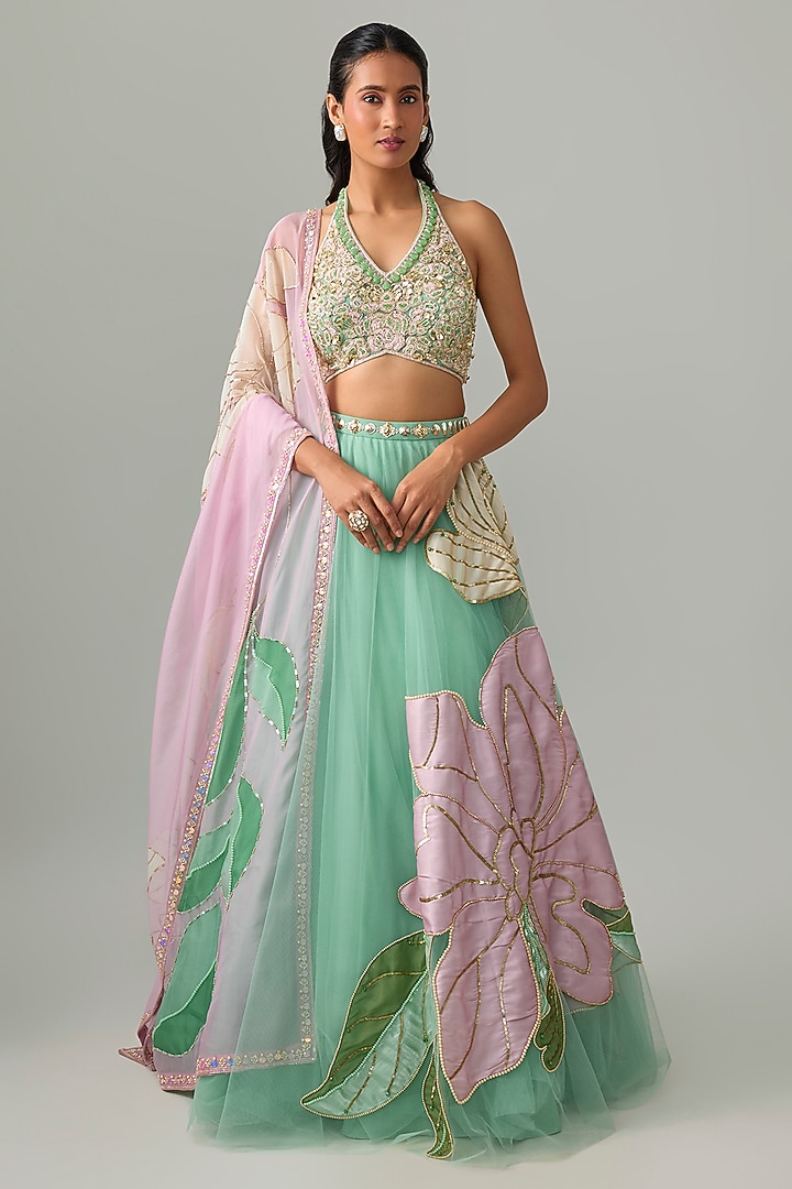 Green Tulle & Organza Floral Applique Embellished Bridal Lehenga Set by PAPA DONT PREACH PRET at Pernia's Pop Up Shop