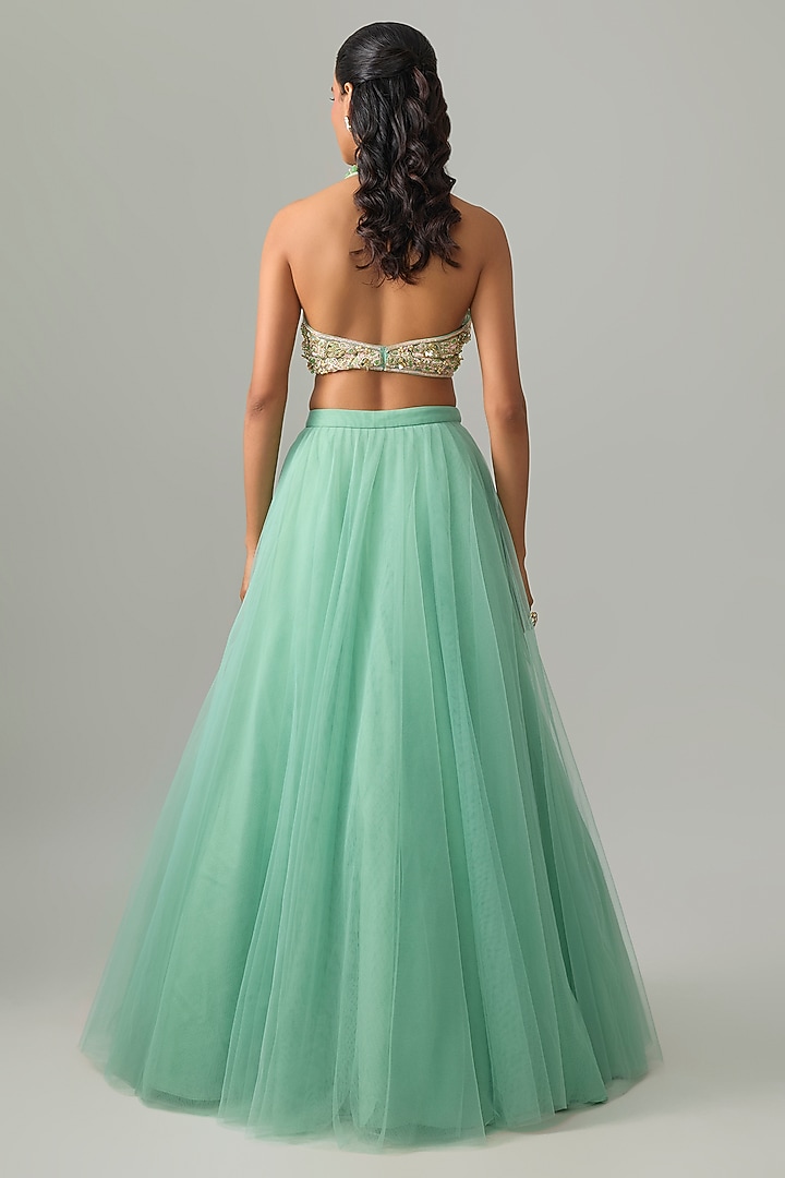 Green Tulle & Organza Floral Applique Embellished Bridal Lehenga Set by PAPA DONT PREACH PRET at Pernia's Pop Up Shop