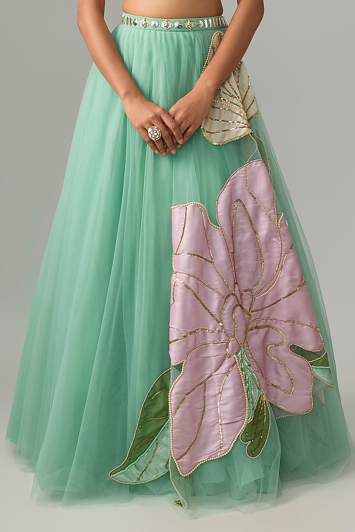 Green Tulle & Organza Floral Applique Embellished Bridal Lehenga Set by PAPA DONT PREACH PRET at Pernia's Pop Up Shop
