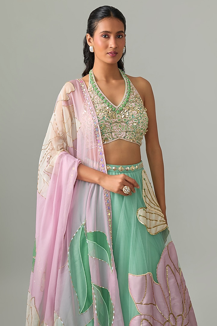 Green Tulle & Organza Floral Applique Embellished Bridal Lehenga Set by PAPA DONT PREACH PRET at Pernia's Pop Up Shop
