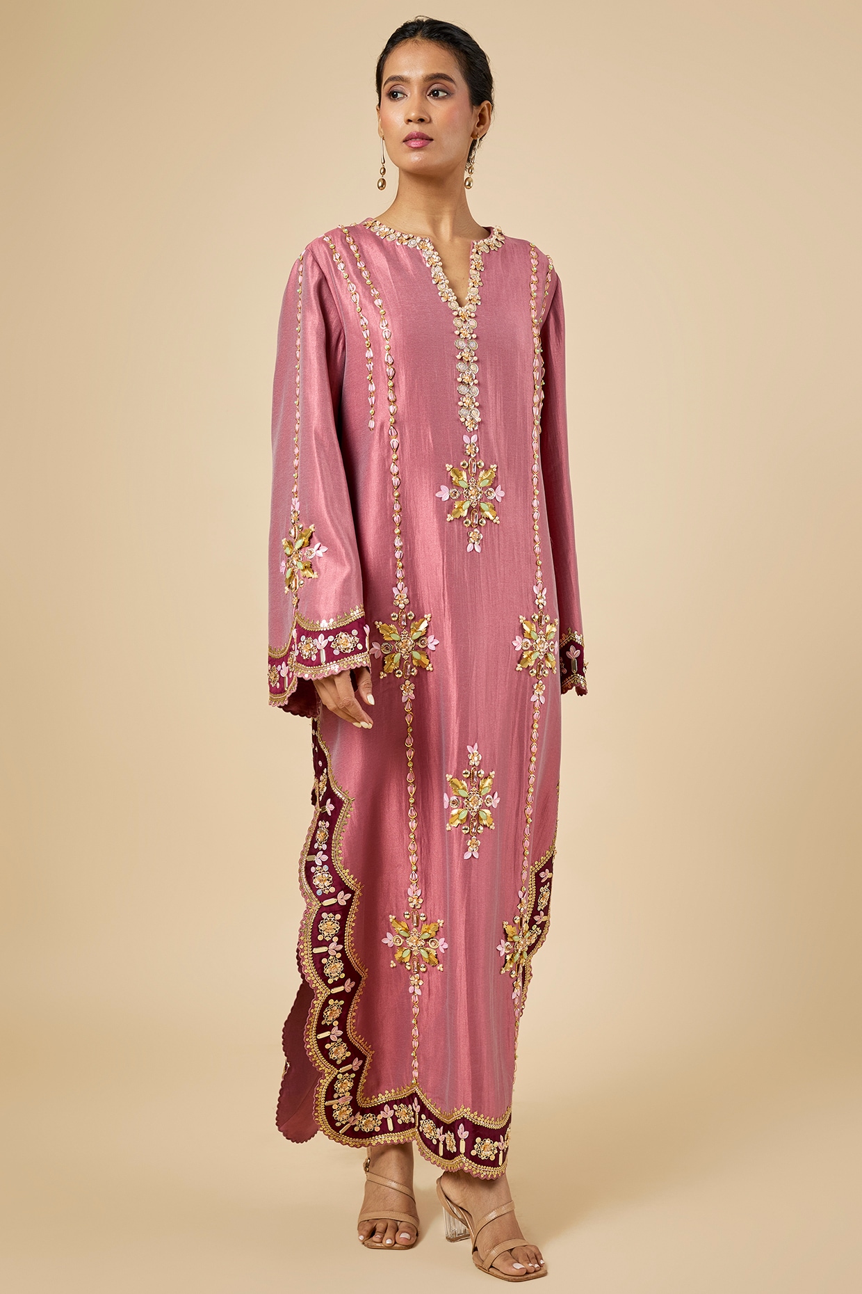 PAPA DONT PREACH PRET Rose Pink Silk Pearl Embroidered Kaftan