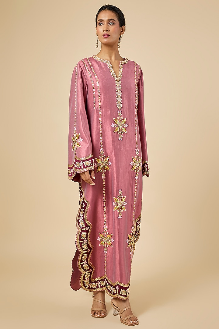 Rose Pink Silk Pearl Embroidered Kaftan by PAPA DONT PREACH PRET at Pernia's Pop Up Shop