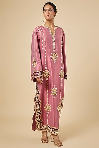 Rose Pink Silk Pearl Embroidered Kaftan by PAPA DONT PREACH PRET