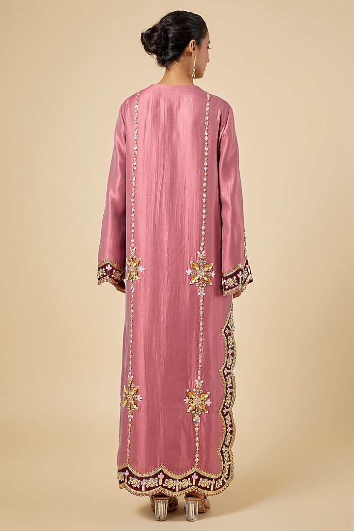 Rose Pink Silk Pearl Embroidered Kaftan by PAPA DONT PREACH PRET at Pernia's Pop Up Shop