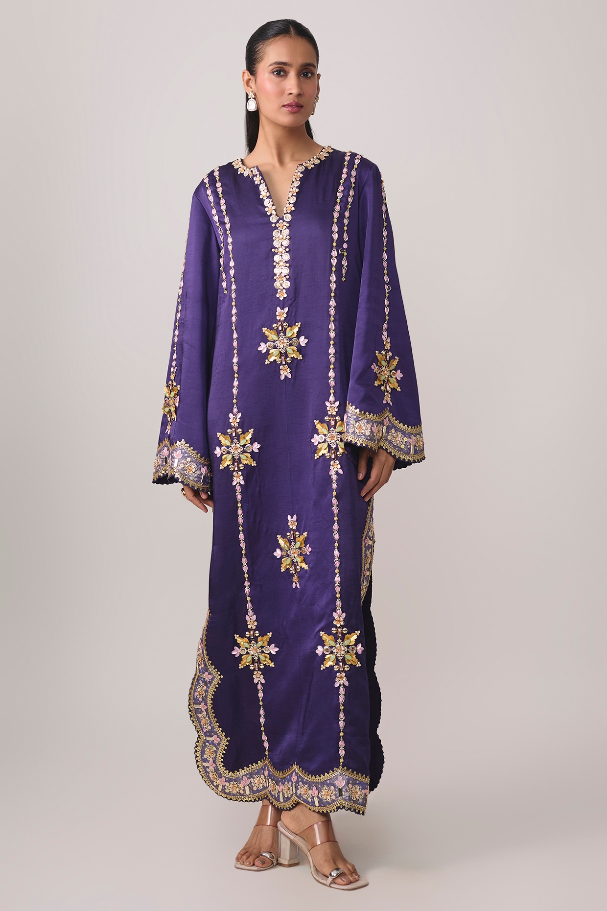 PAPA DONT PREACH PRET Purple Silk Sequins Embroidered Kaftan