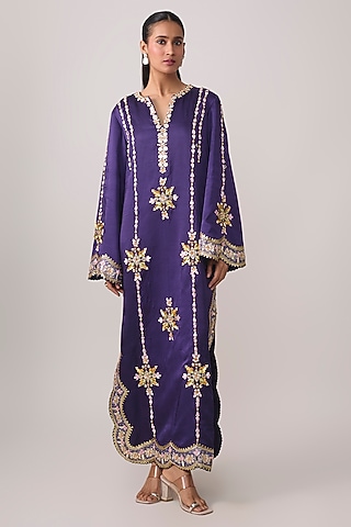 Purple Silk Sequins Embroidered Kaftan by PAPA DONT PREACH PRET