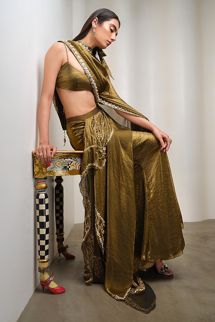 Golden Organza Embroidered Bridal Lehenga Set by PAPA DONT PREACH PRET at Pernia's Pop Up Shop