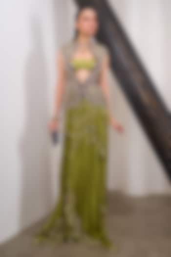 Green Organza Draped Skirt Set by PAPA DONT PREACH PRET at Pernia's Pop Up Shop