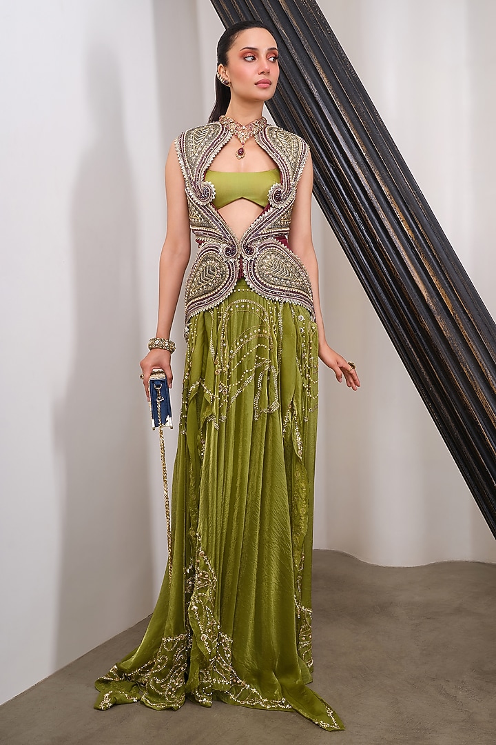 Green Organza Draped Skirt Set by PAPA DONT PREACH PRET at Pernia's Pop Up Shop