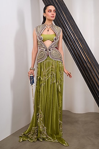 Green Organza Draped Skirt Set by PAPA DONT PREACH PRET