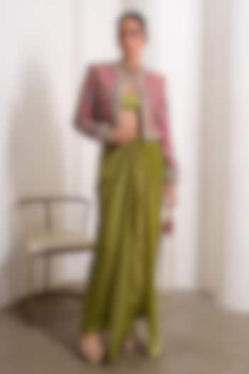 Olive Green Organza Draped Skirt Set by PAPA DONT PREACH PRET at Pernia's Pop Up Shop