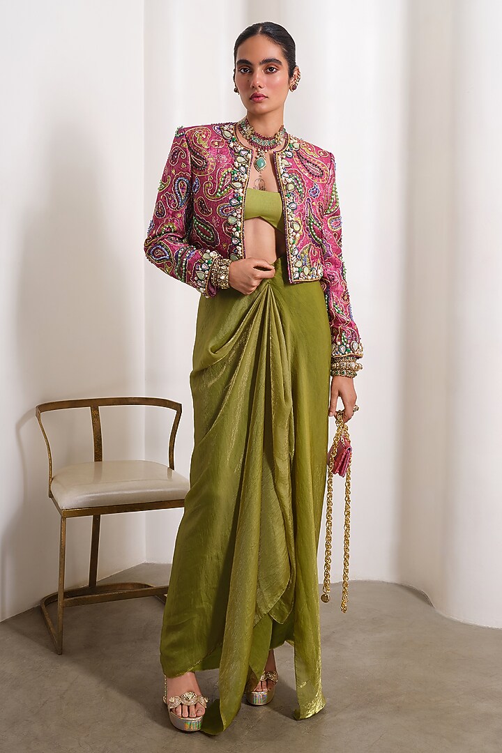 Olive Green Organza Draped Skirt Set by PAPA DONT PREACH PRET at Pernia's Pop Up Shop