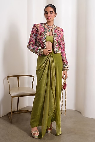 Olive Green Organza Draped Skirt Set by PAPA DONT PREACH PRET