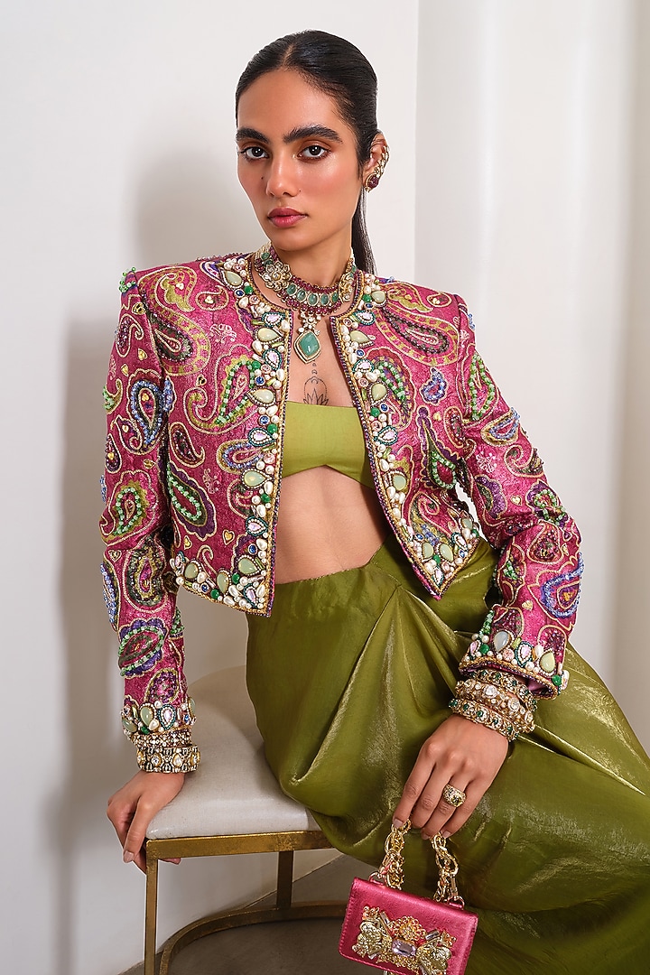 Olive Green Organza Draped Skirt Set by PAPA DONT PREACH PRET at Pernia's Pop Up Shop