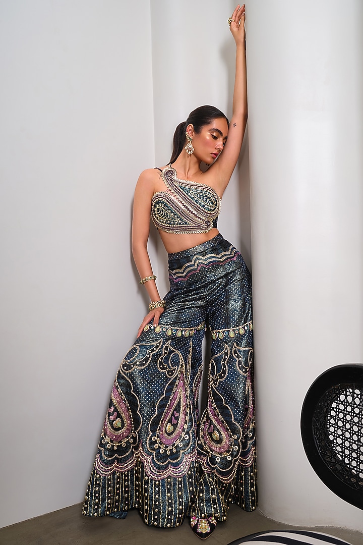 Green Jacquard Sequin Embroidered Flared Pant Set by PAPA DONT PREACH PRET at Pernia's Pop Up Shop