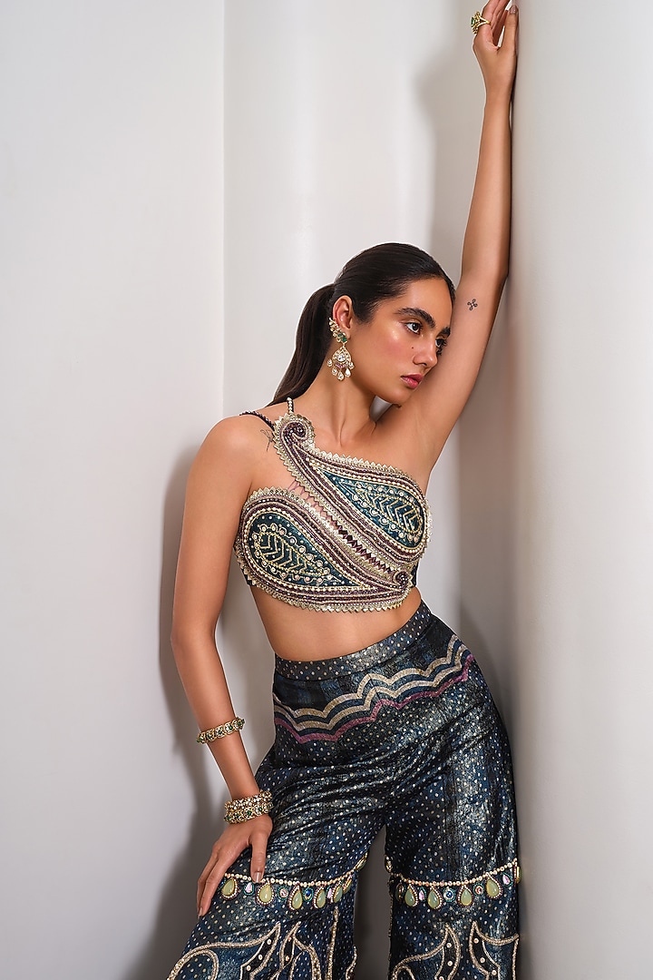 Green Jacquard Sequin Embroidered Flared Pant Set by PAPA DONT PREACH PRET at Pernia's Pop Up Shop
