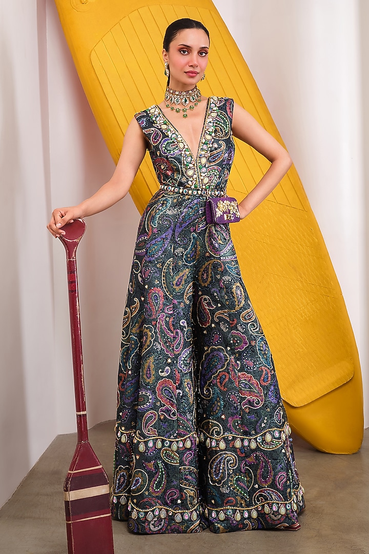 Black Jacquard Bead Embroidered Jumpsuit by PAPA DONT PREACH PRET at Pernia's Pop Up Shop