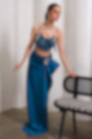 Petrol Blue Jacquard Draped Skirt Set by PAPA DONT PREACH PRET at Pernia's Pop Up Shop