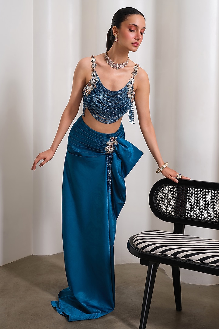 Petrol Blue Jacquard Draped Skirt Set by PAPA DONT PREACH PRET at Pernia's Pop Up Shop
