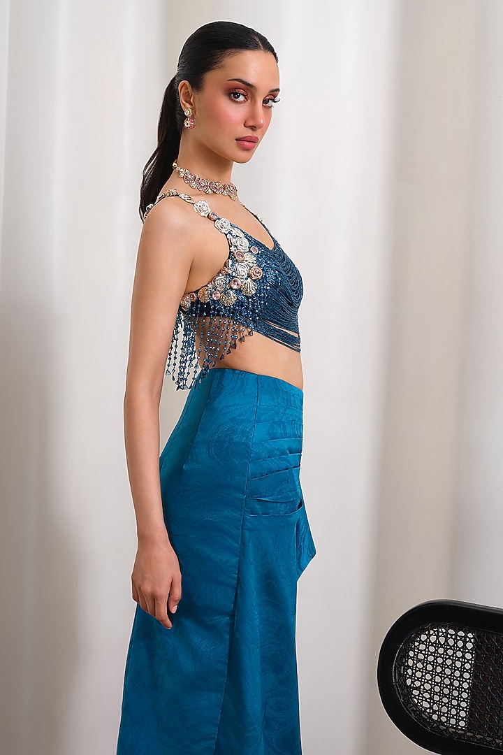 Petrol Blue Jacquard Draped Skirt Set by PAPA DONT PREACH PRET at Pernia's Pop Up Shop