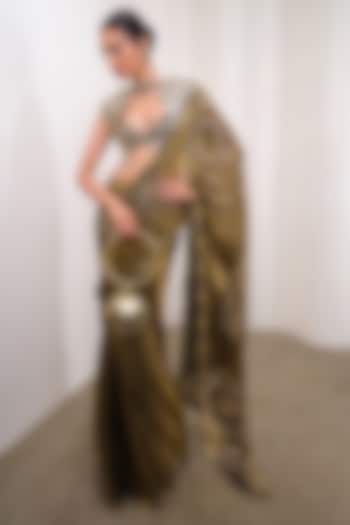 Golden Organza Hand Embroidered Pre-Draped Reception Saree Set by PAPA DONT PREACH PRET at Pernia's Pop Up Shop