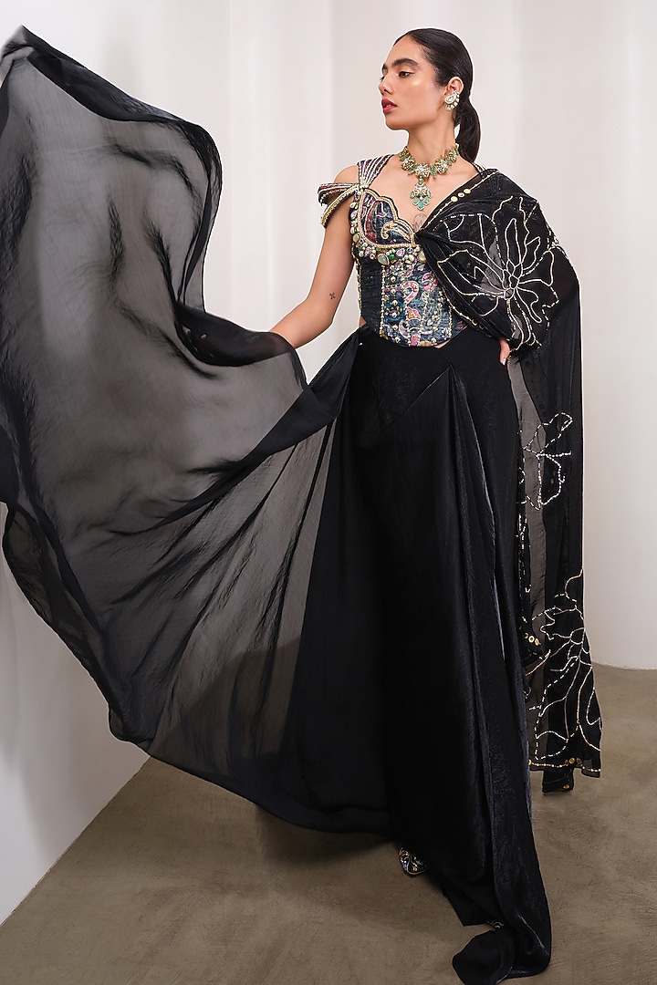 Black Organza Embellished Draped Reception Saree Set by PAPA DONT PREACH PRET at Pernia's Pop Up Shop