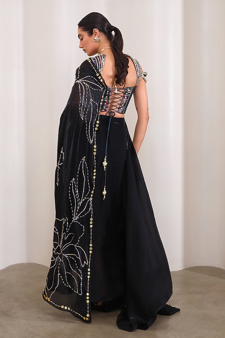 Black Organza Embellished Draped Reception Saree Set by PAPA DONT PREACH PRET at Pernia's Pop Up Shop