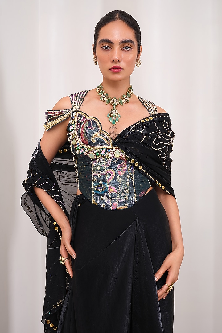 Black Organza Embellished Draped Reception Saree Set by PAPA DONT PREACH PRET at Pernia's Pop Up Shop