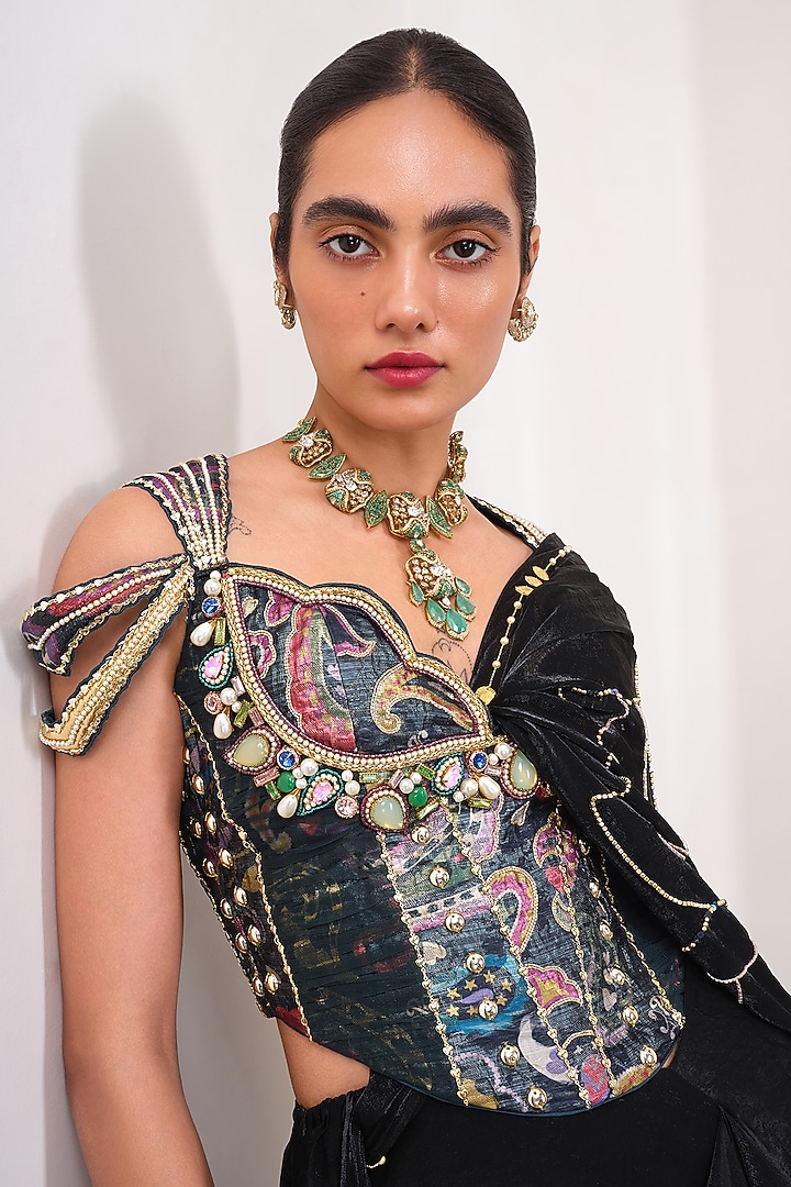 Black Organza Embellished Draped Reception Saree Set by PAPA DONT PREACH PRET at Pernia's Pop Up Shop