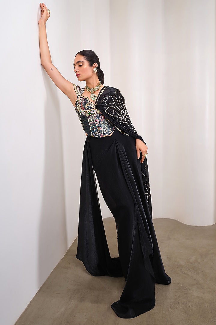 Black Organza Embellished Draped Reception Saree Set by PAPA DONT PREACH PRET at Pernia's Pop Up Shop