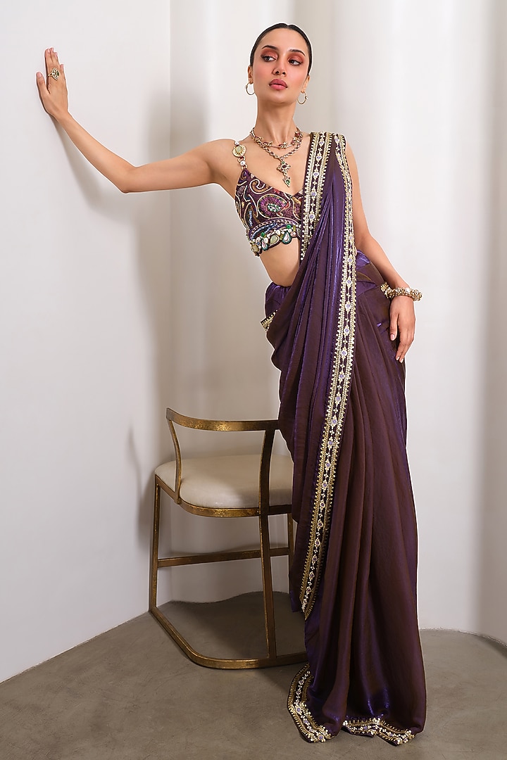 Purple Organza Embellished Reception Saree Set by PAPA DONT PREACH PRET at Pernia's Pop Up Shop