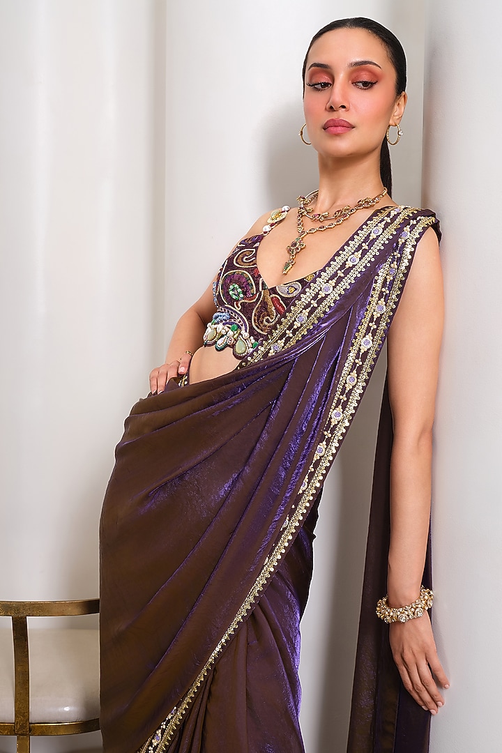 Purple Organza Embellished Reception Saree Set by PAPA DONT PREACH PRET at Pernia's Pop Up Shop