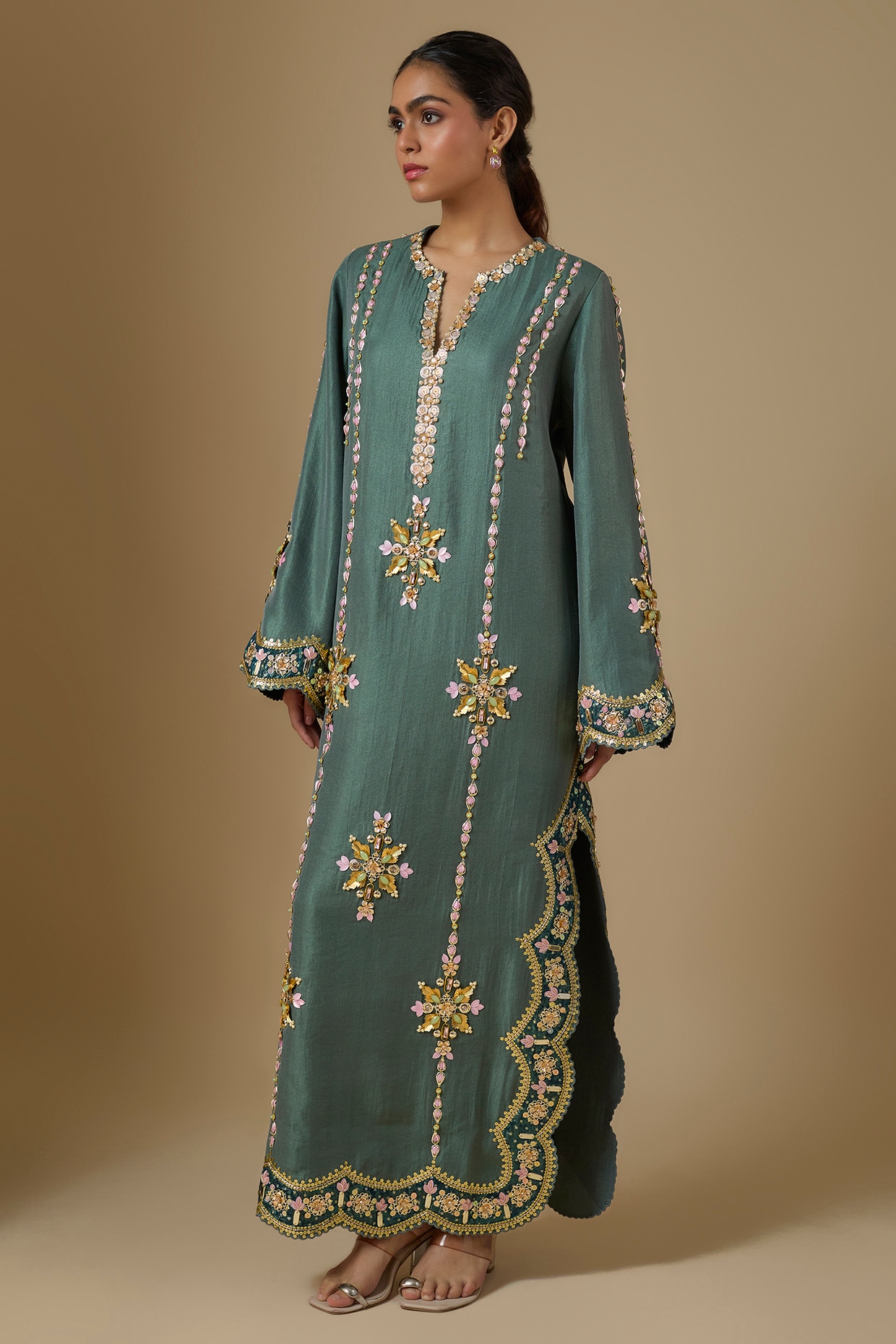 PAPA DONT PREACH PRET Green Silk Sequin Hand Embroidered Kaftan