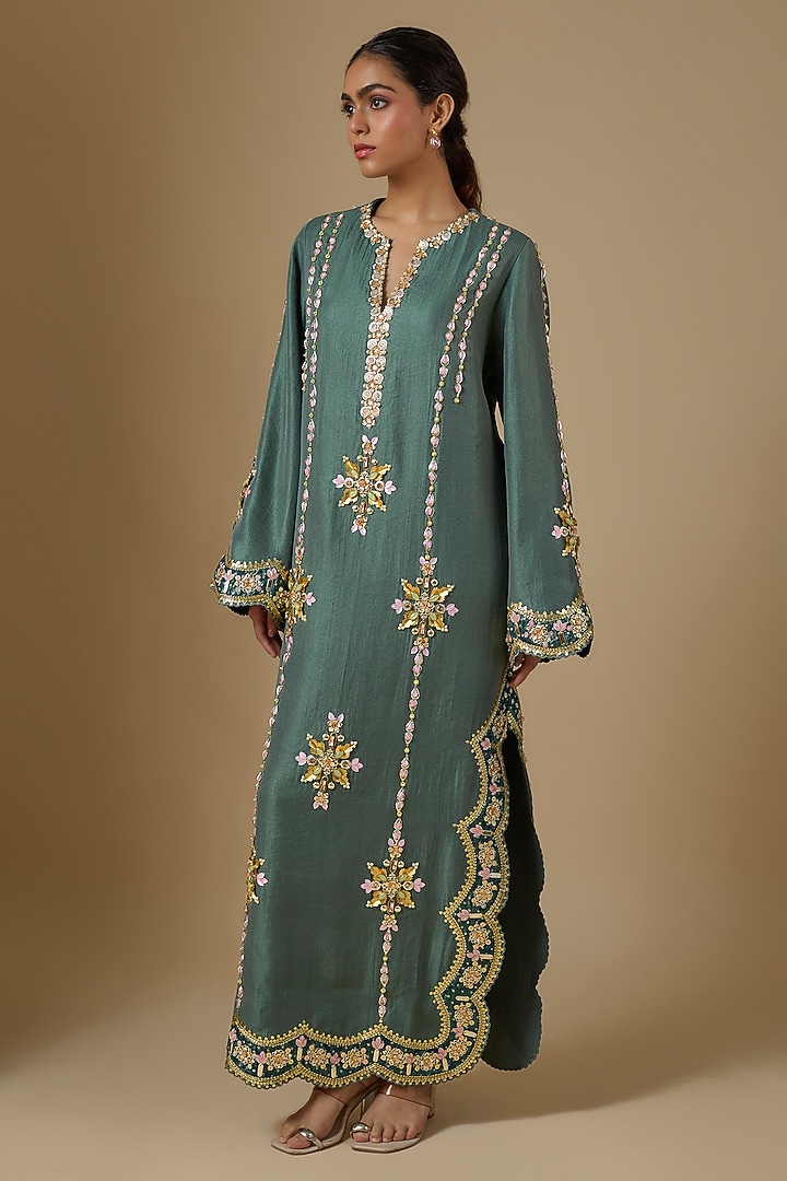 Green Silk Sequin Hand Embroidered Kaftan by PAPA DONT PREACH PRET at Pernia's Pop Up Shop