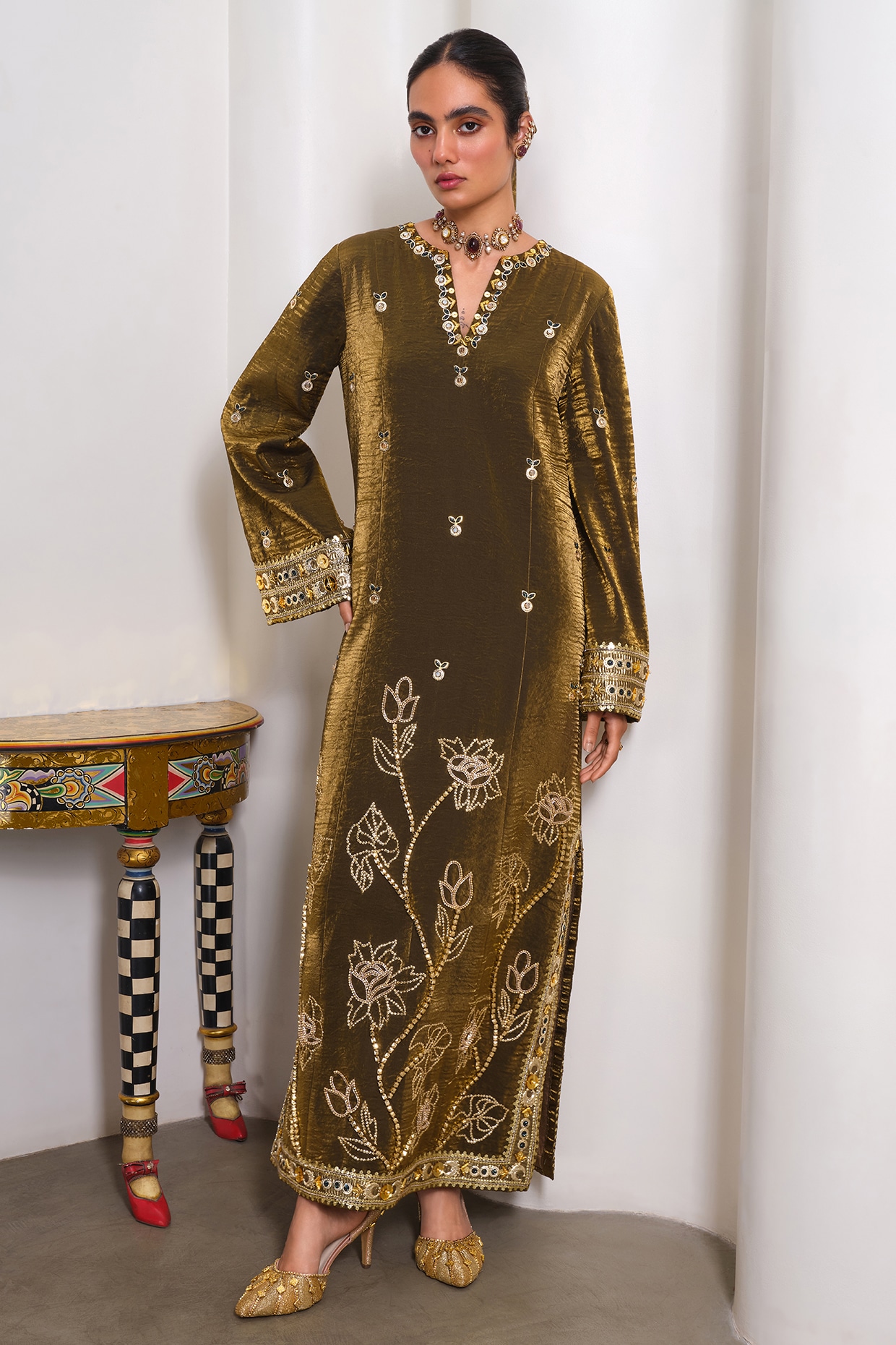 PAPA DONT PREACH PRET Golden Organza Floral Embroidered Kaftan