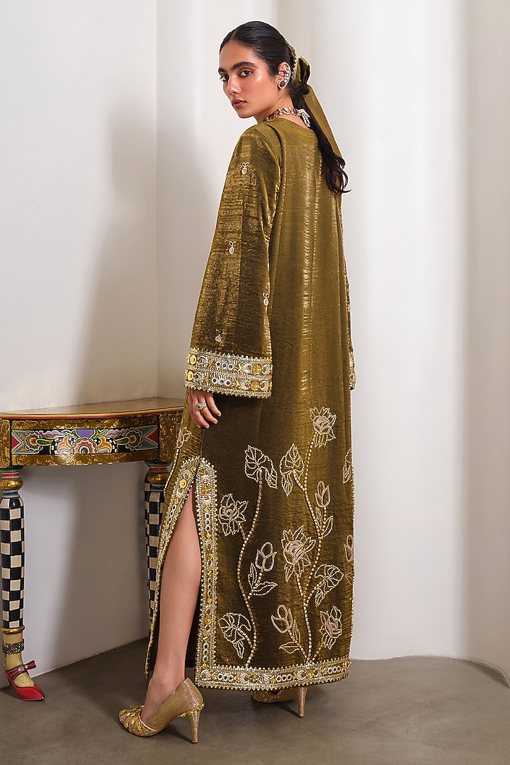 Golden Organza Floral Embroidered Kaftan by PAPA DONT PREACH PRET at Pernia's Pop Up Shop
