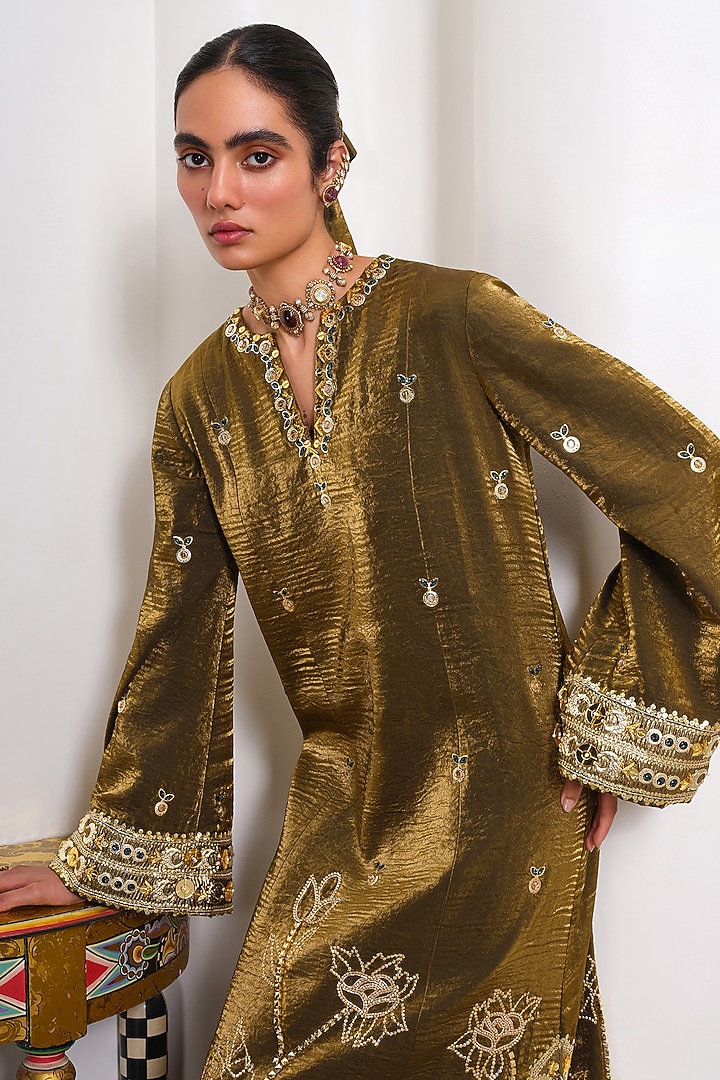 Golden Organza Floral Embroidered Kaftan by PAPA DONT PREACH PRET at Pernia's Pop Up Shop